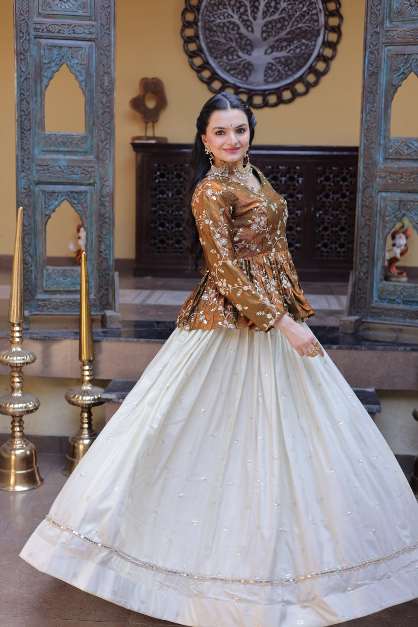 Gold Pure Cosmos with Zari & Sequins Embroidery Work Navratri Lehenga Choli