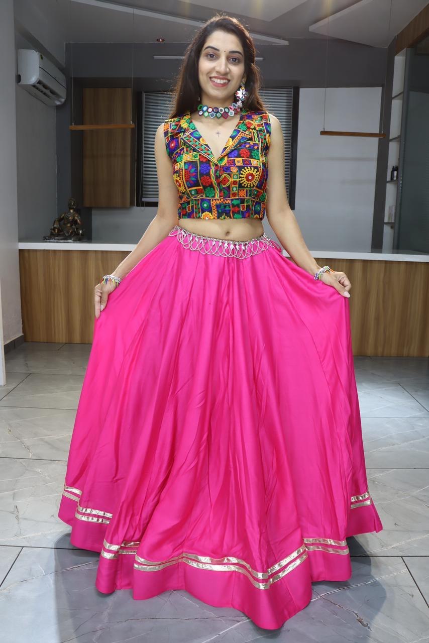 Pink Pure Rayon Cotton Plain With Gota Patti & Kali Work Navratri Lehenga Choli