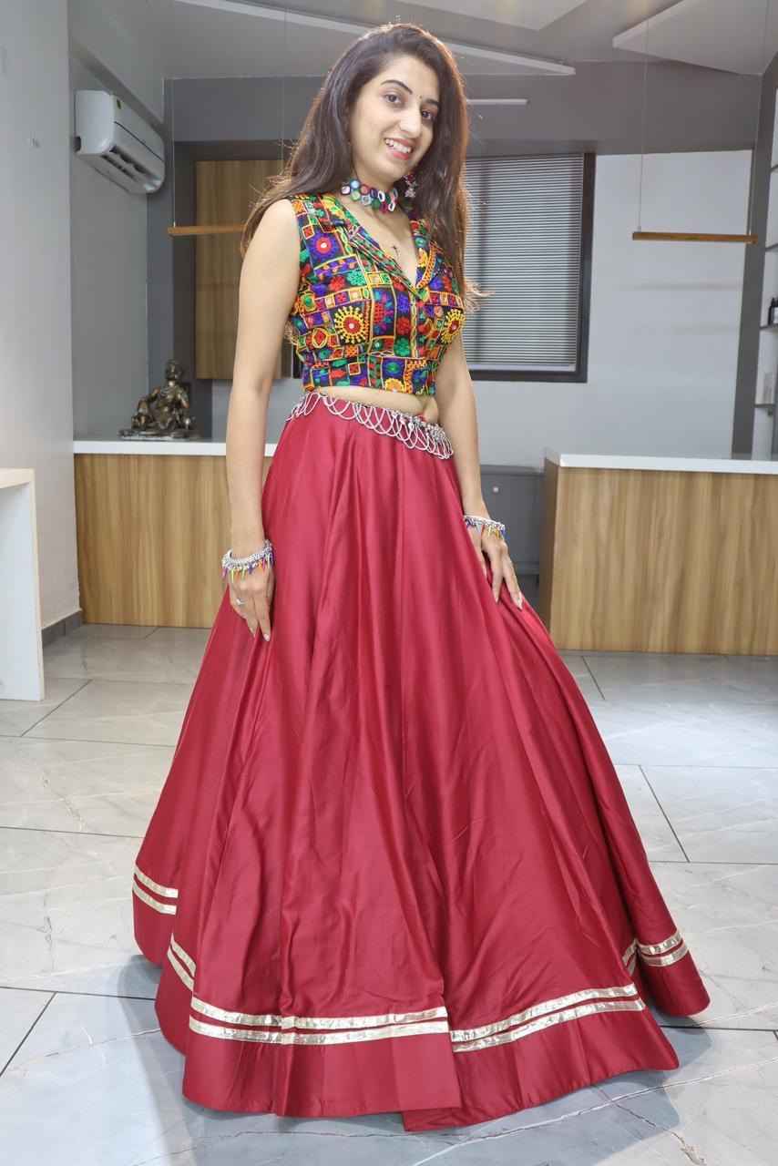 Maroon Pure Rayon Cotton Plain With Gota Patti & Kali Work Navratri Lehenga Choli