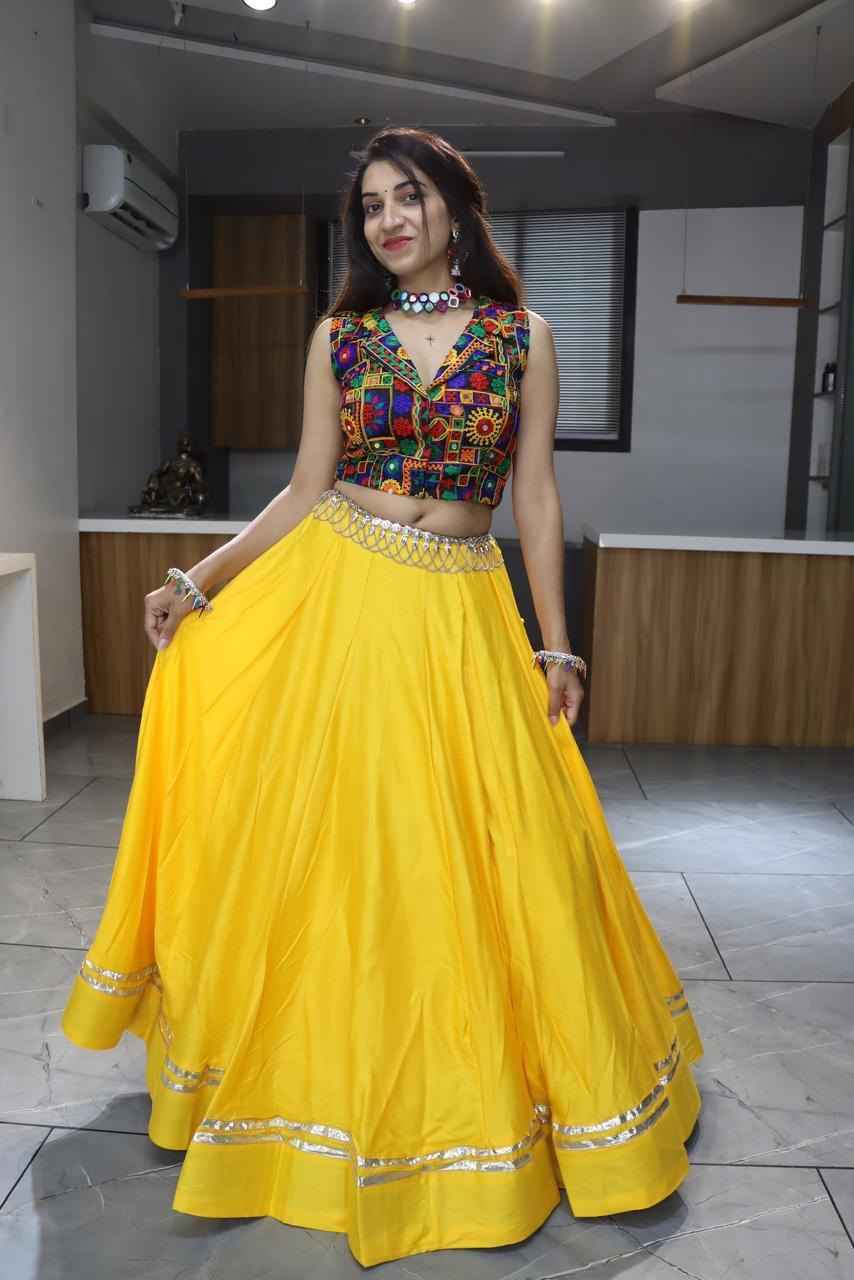 Yellow Pure Rayon Cotton Plain With Gota Patti & Kali Work Navratri Lehenga Choli