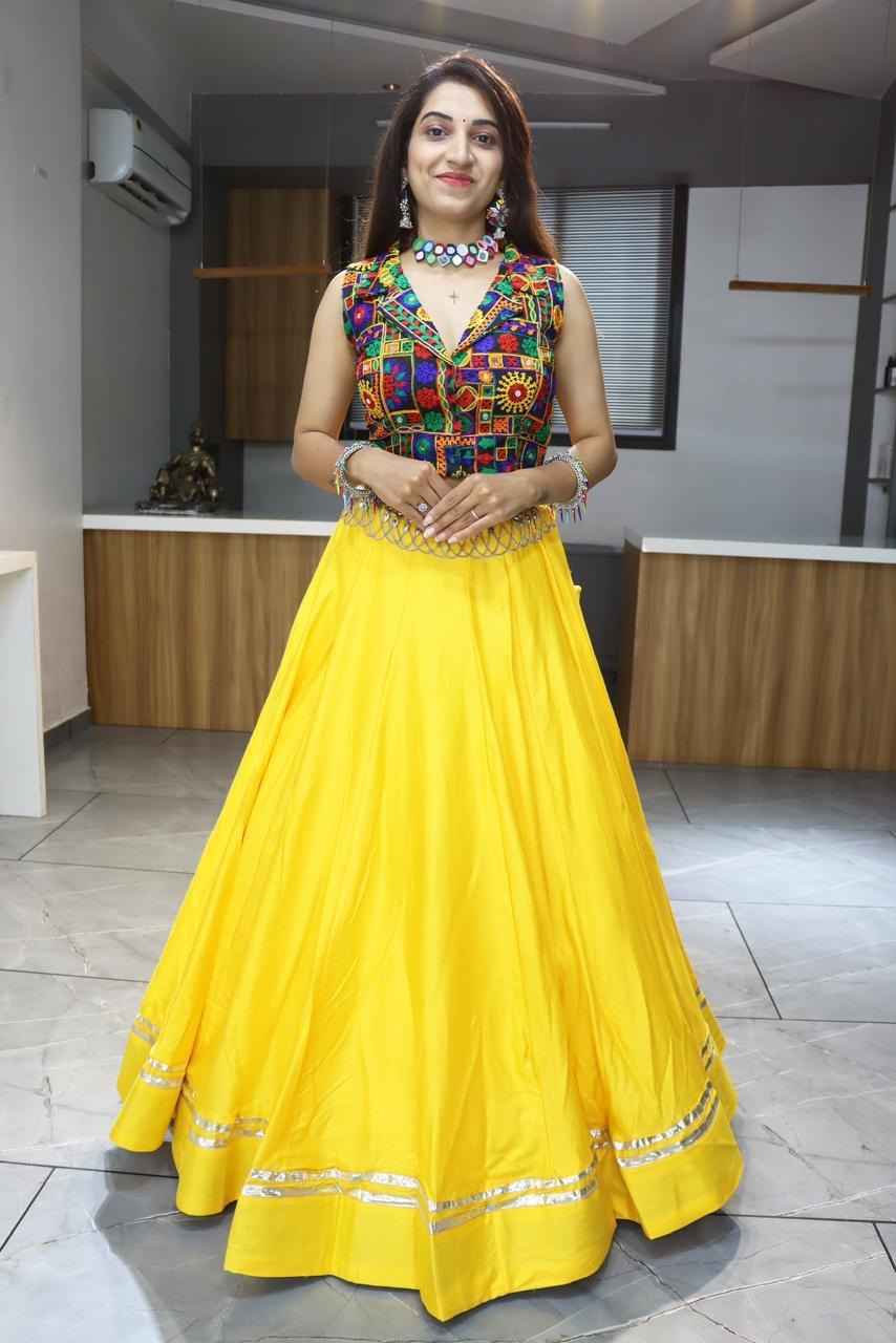 Yellow Pure Rayon Cotton Plain With Gota Patti & Kali Work Navratri Lehenga Choli