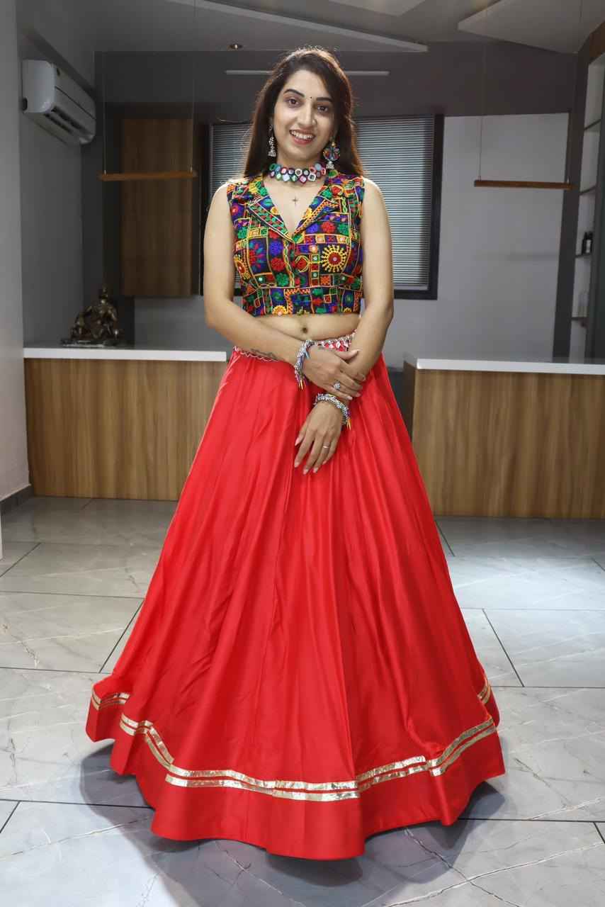 Red Pure Rayon Cotton Plain With Gota Patti & Kali Work Navratri Lehenga Choli