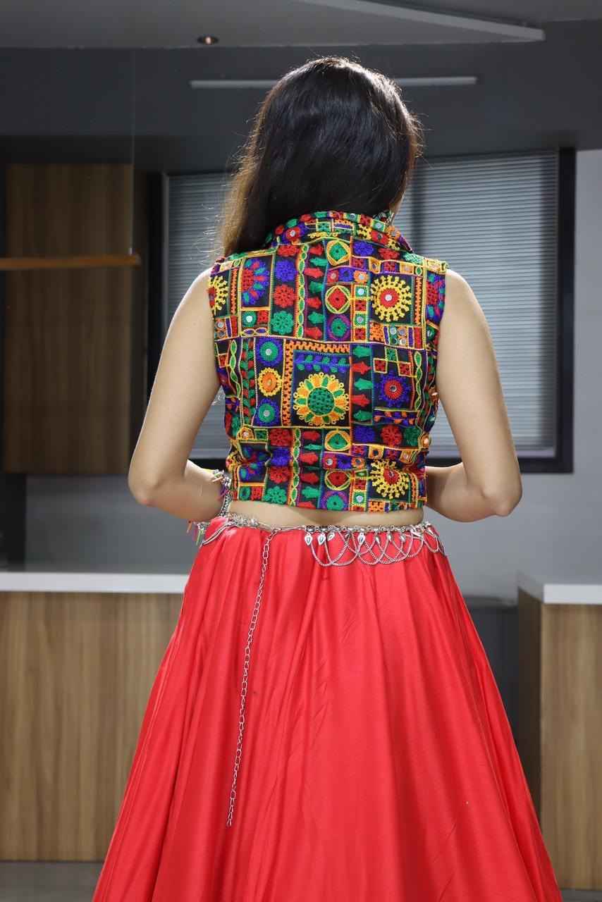 Red Pure Rayon Cotton Plain With Gota Patti & Kali Work Navratri Lehenga Choli