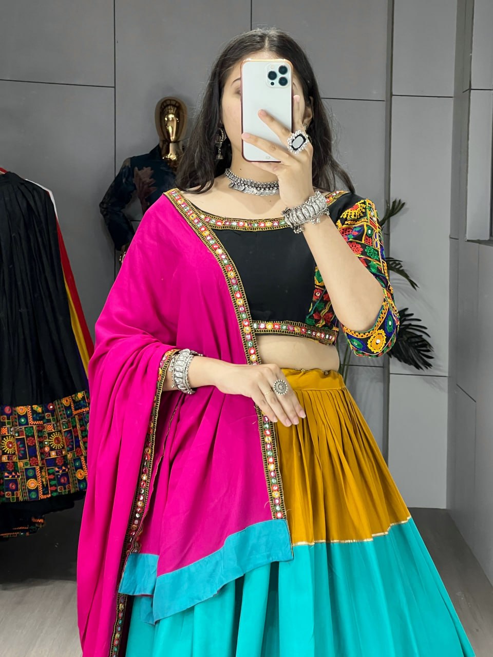 Yellow Pure Rayon Cotton Colorful Kali With Gota Patti Work Navratri Lehenga Choli