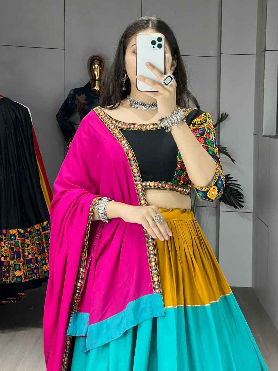 Yellow Pure Rayon Cotton Colorful Kali With Gota Patti Work Navratri Lehenga Choli