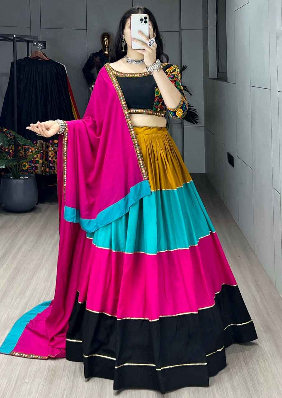 Yellow Pure Rayon Cotton Colorful Kali With Gota Patti Work Navratri Lehenga Choli