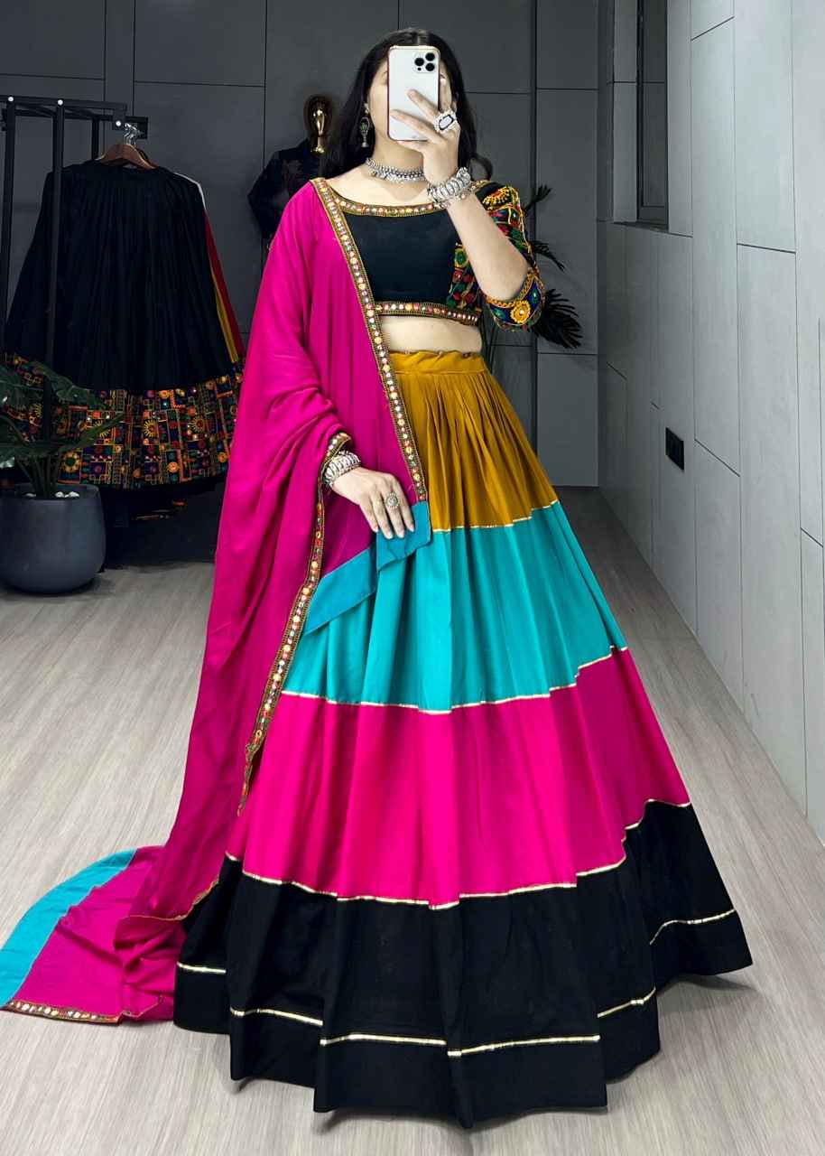 Yellow Pure Rayon Cotton Colorful Kali With Gota Patti Work Navratri Lehenga Choli