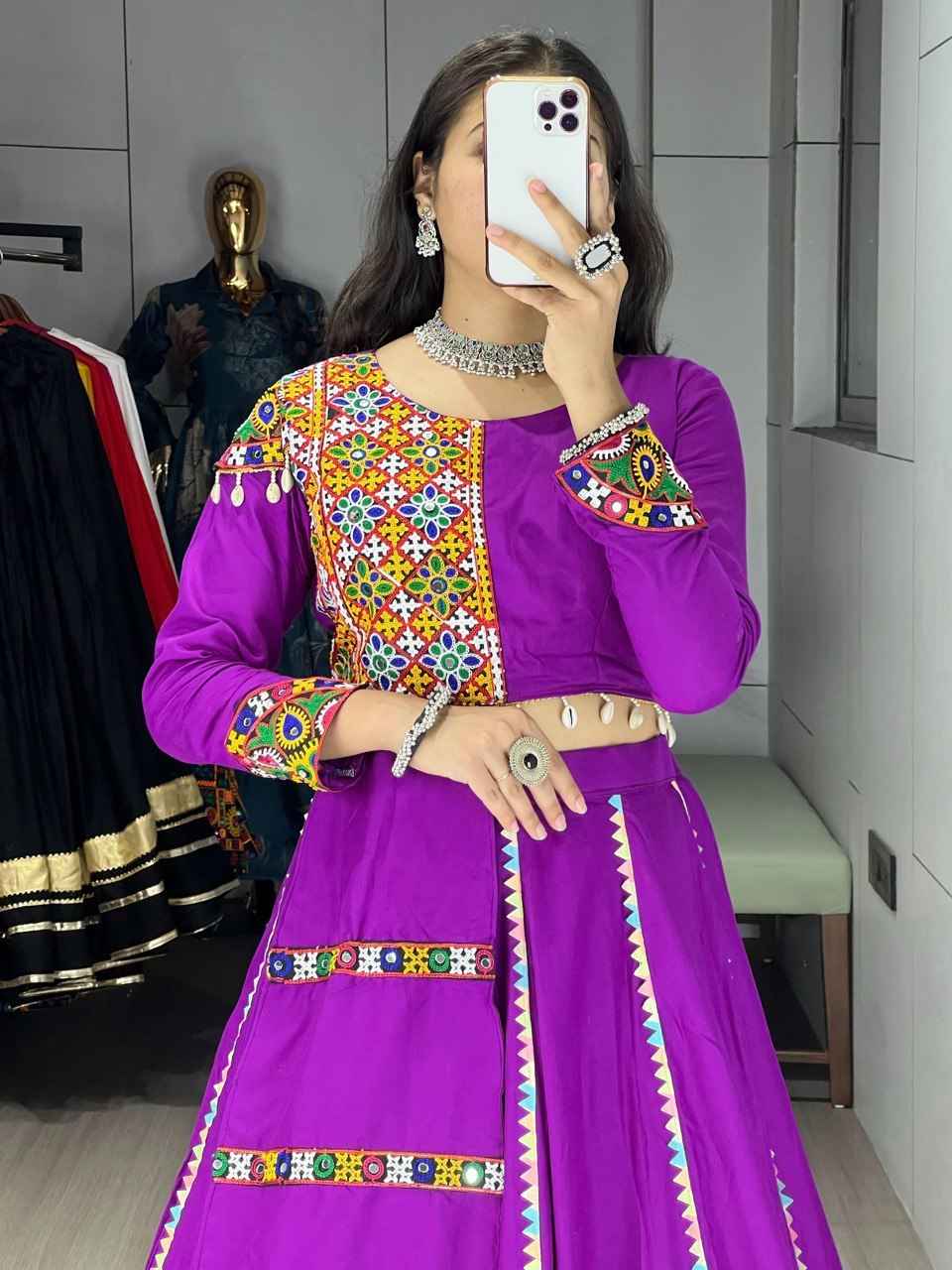 Purple Pure Rayon Cotton Colorful Kali With Gota Patti Work Navratri Lehenga Choli