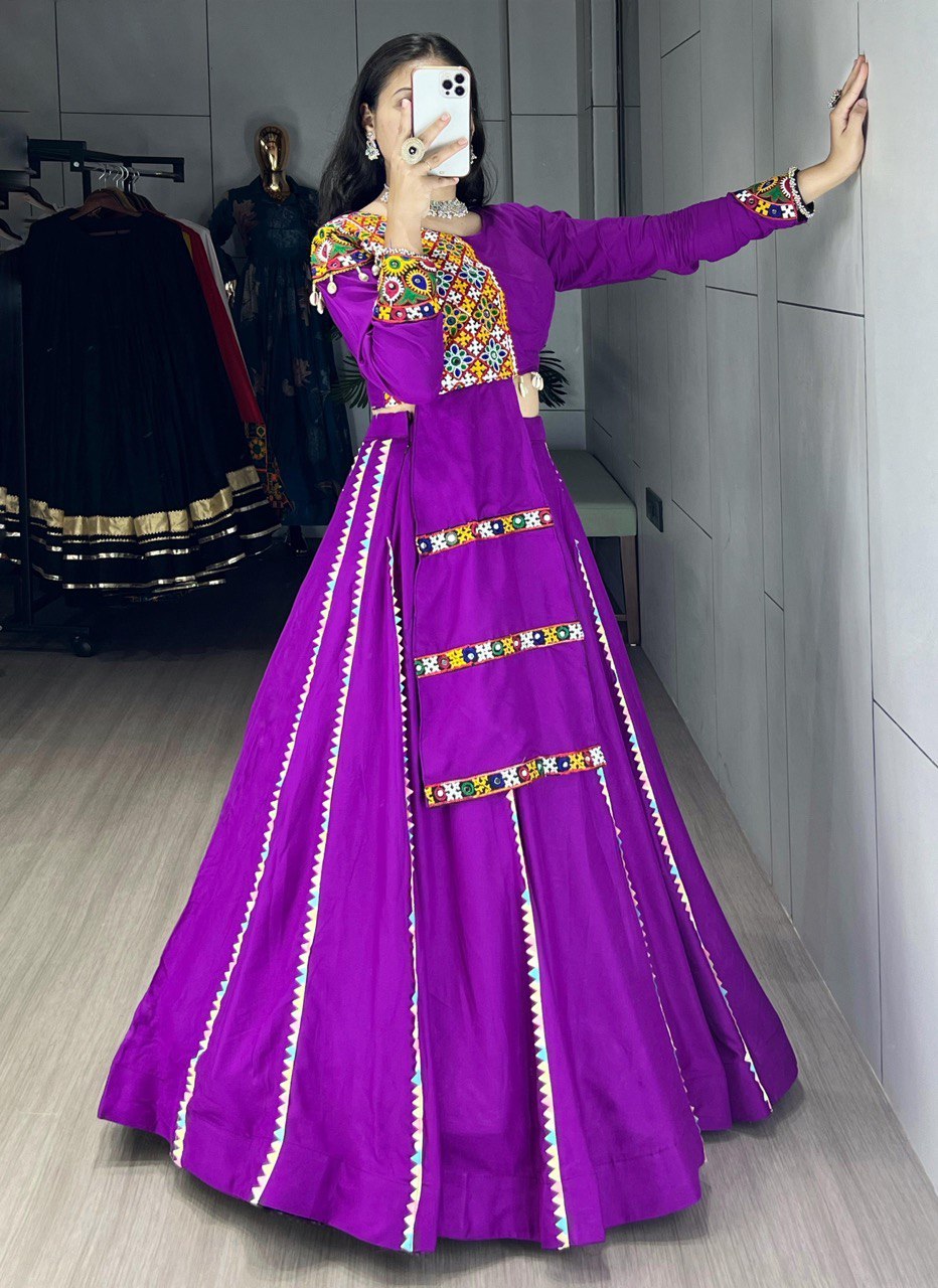 Purple Pure Rayon Cotton Colorful Kali With Gota Patti Work Navratri Lehenga Choli