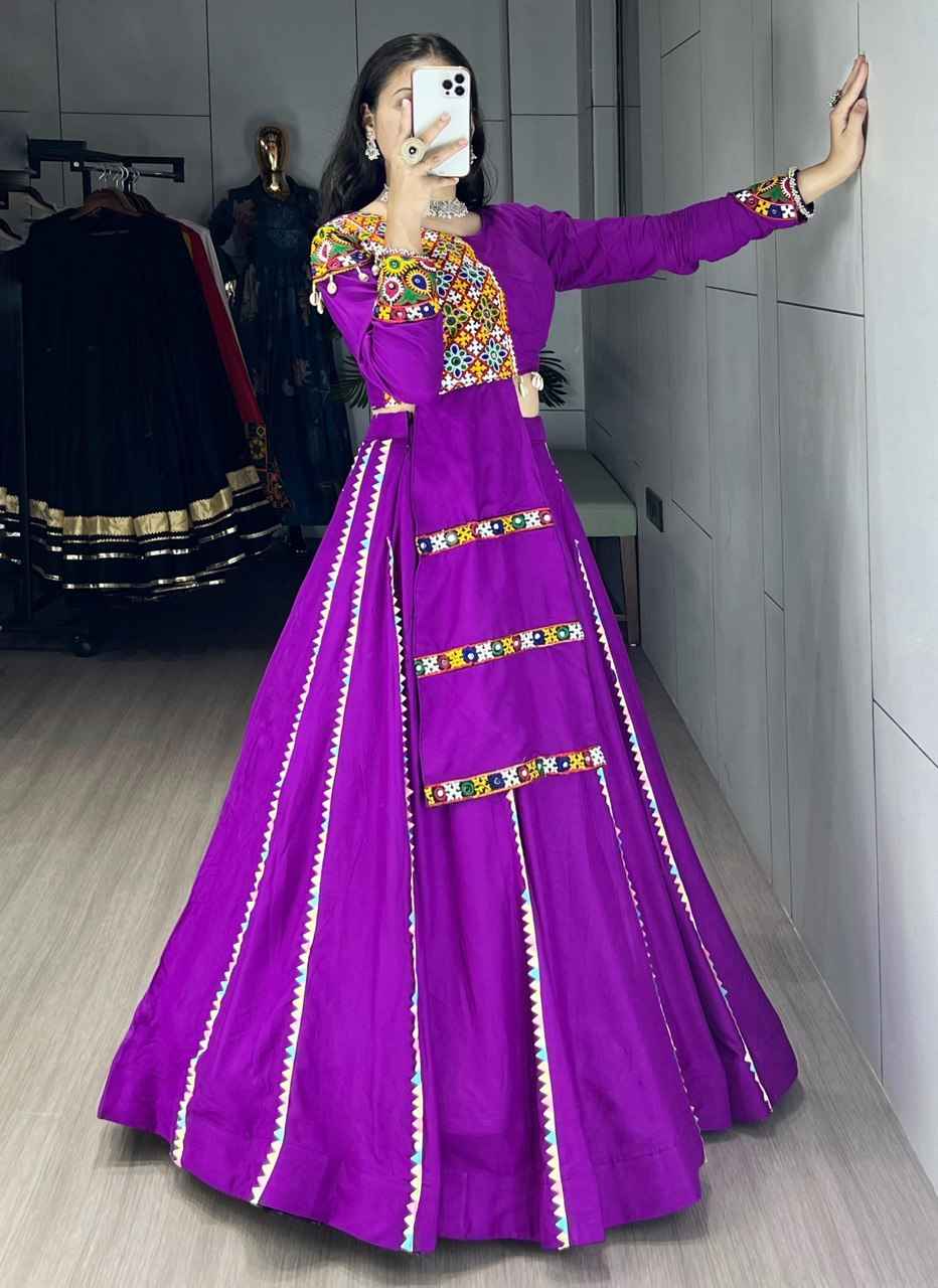 Purple Pure Rayon Cotton Colorful Kali With Gota Patti Work Navratri Lehenga Choli