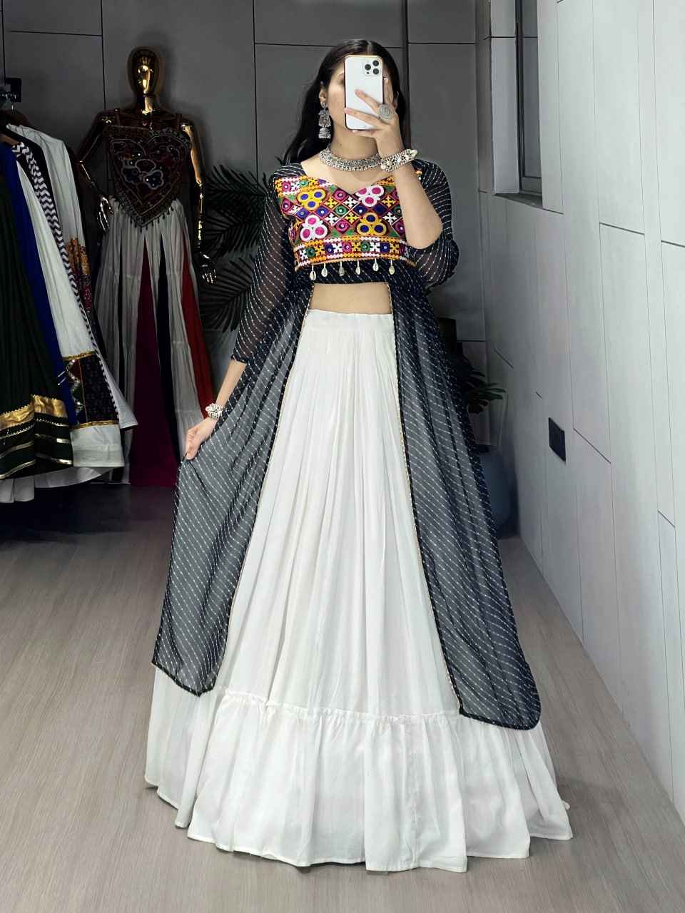 Black Pure Rayon Cotton Leheriya Prints Navratri Lehenga Choli