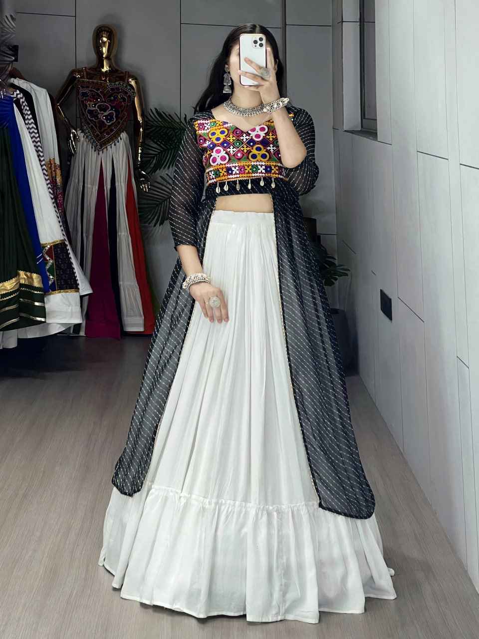 Black Pure Rayon Cotton Leheriya Prints Navratri Lehenga Choli