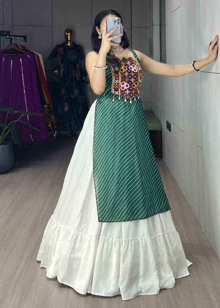Green Pure Rayon Cotton Leheriya Prints Navratri Lehenga Choli