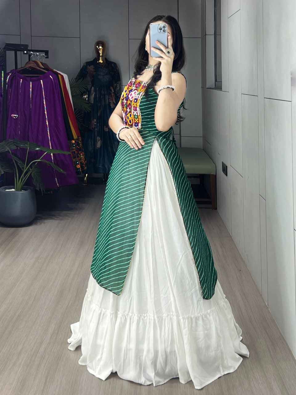Green Pure Rayon Cotton Leheriya Prints Navratri Lehenga Choli