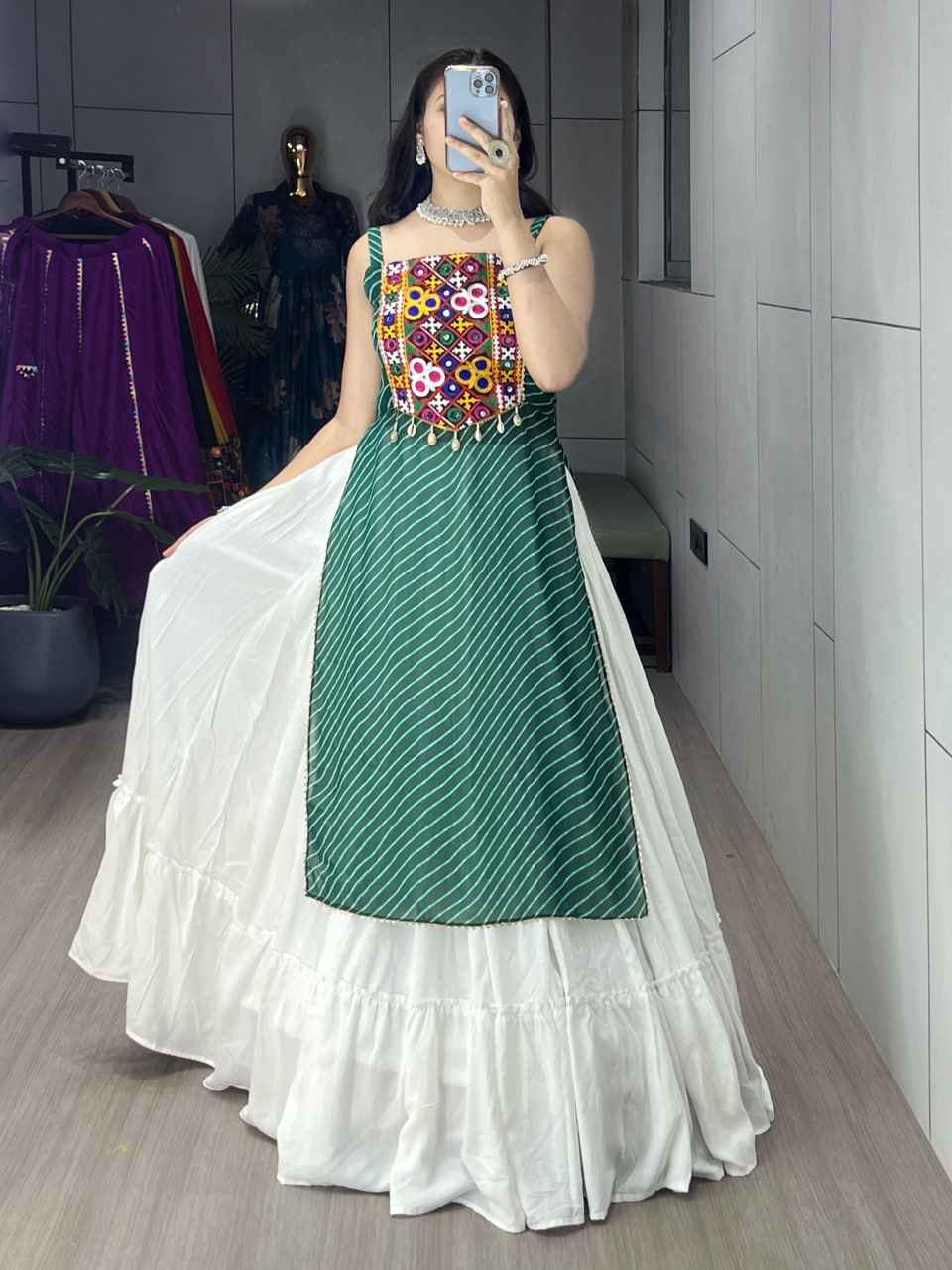 Green Pure Rayon Cotton Leheriya Prints Navratri Lehenga Choli