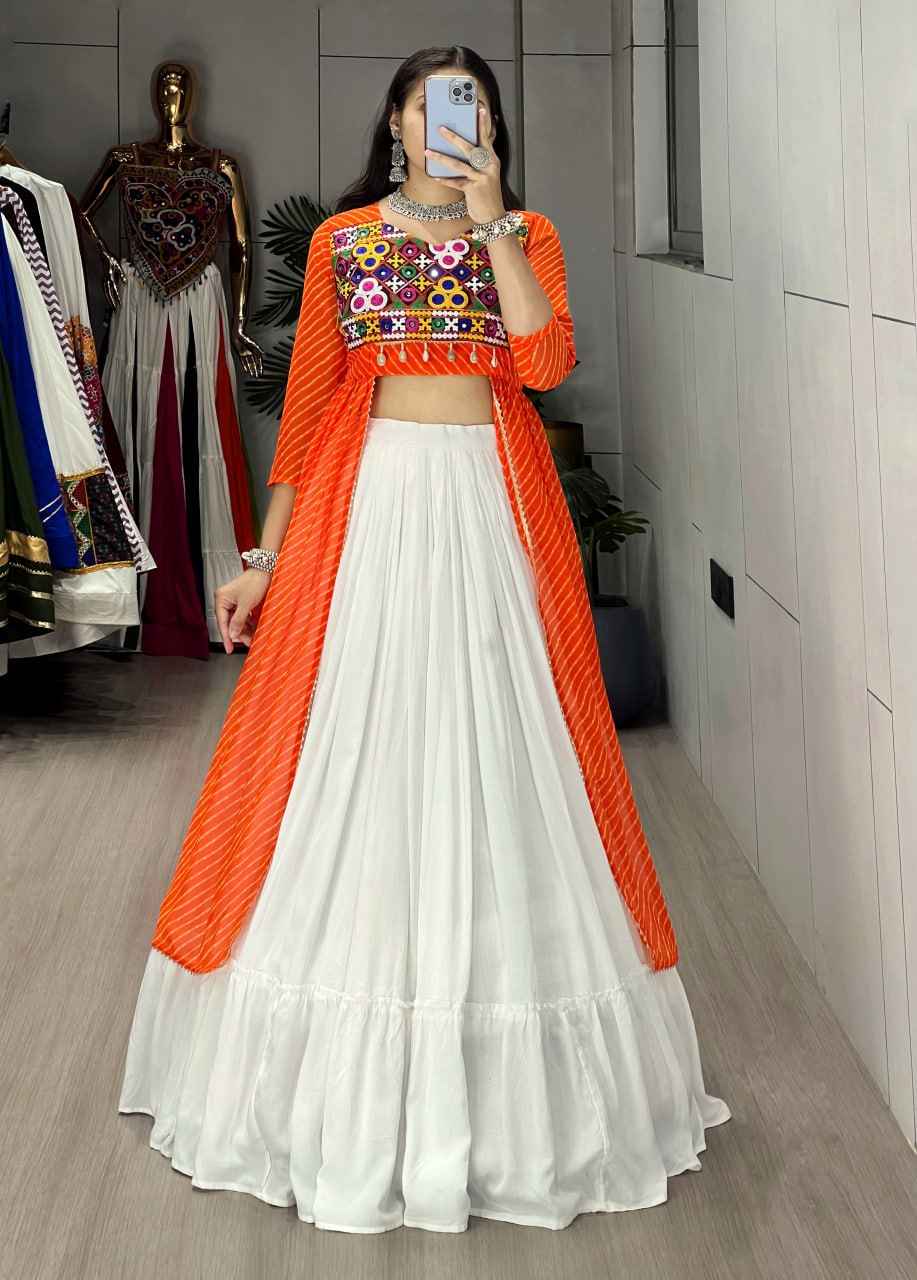 Orange Pure Rayon Cotton Leheriya Prints Navratri Lehenga Choli