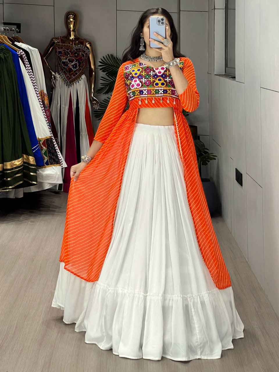 Orange Pure Rayon Cotton Leheriya Prints Navratri Lehenga Choli