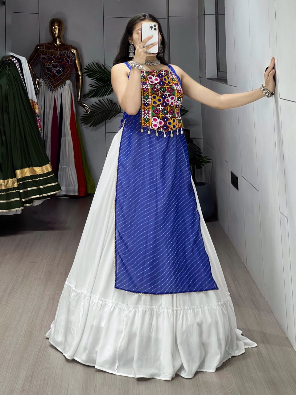 Blue Pure Rayon Cotton Leheriya Prints Navratri Lehenga Choli
