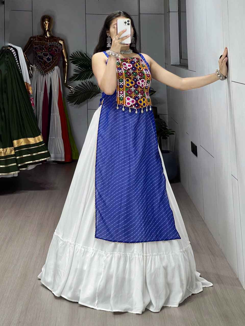 Blue Pure Rayon Cotton Leheriya Prints Navratri Lehenga Choli