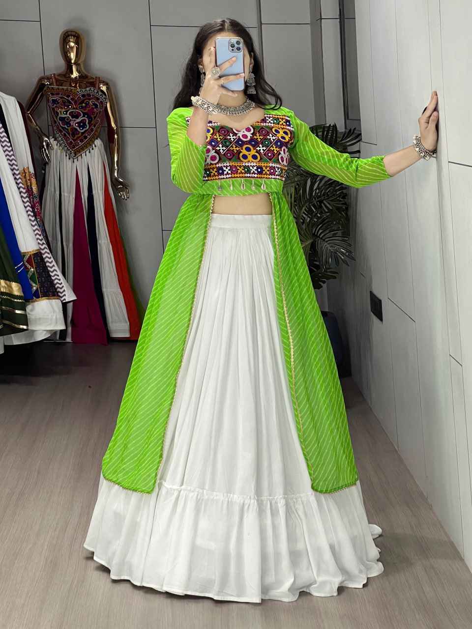Green Pure Rayon Cotton Leheriya Prints Navratri Lehenga Choli