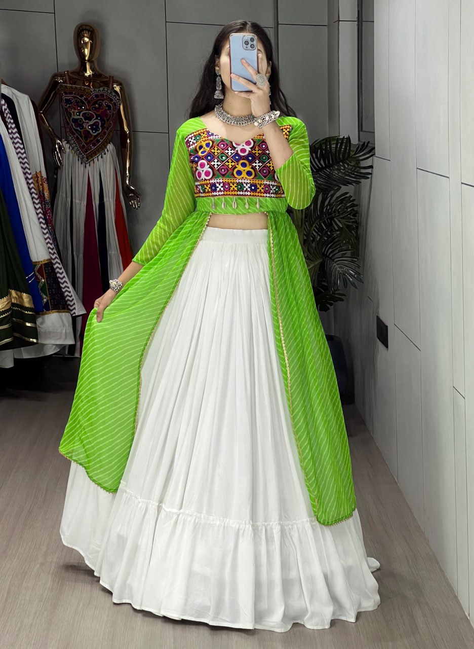 Green Pure Rayon Cotton Leheriya Prints Navratri Lehenga Choli