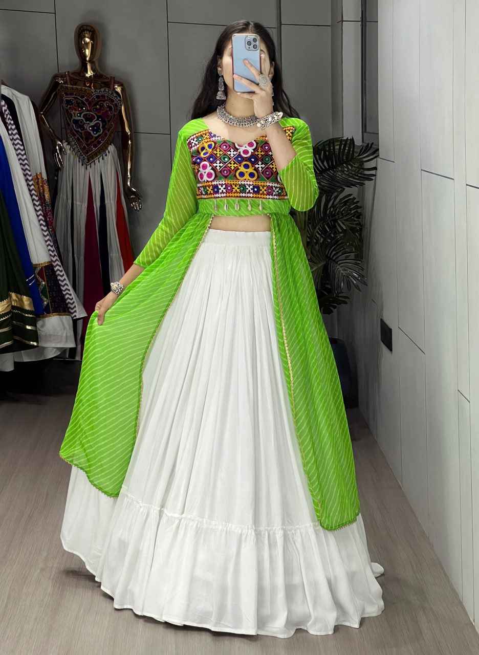 Green Pure Rayon Cotton Leheriya Prints Navratri Lehenga Choli