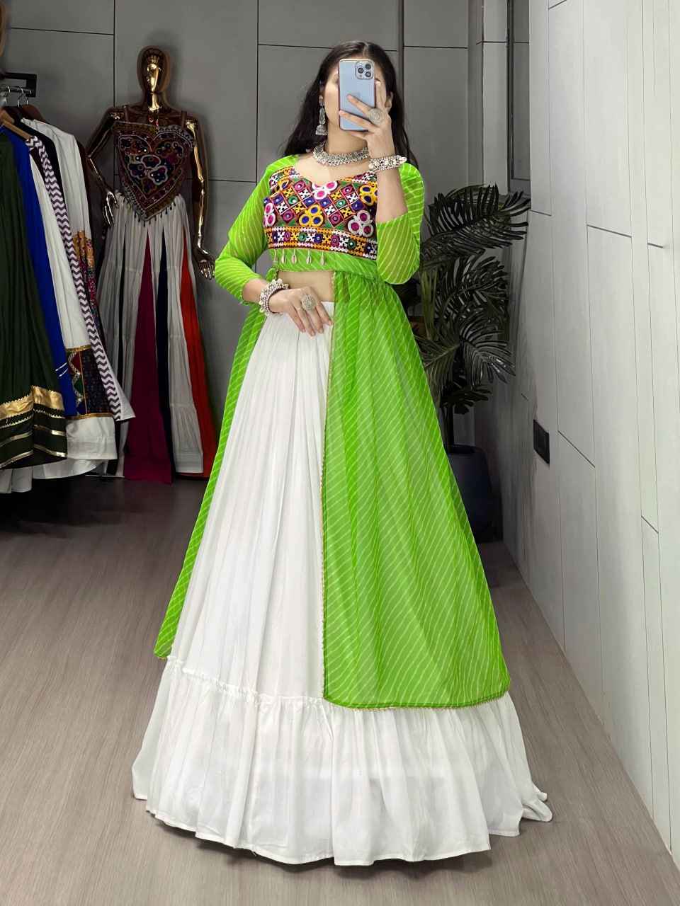 Green Pure Rayon Cotton Leheriya Prints Navratri Lehenga Choli
