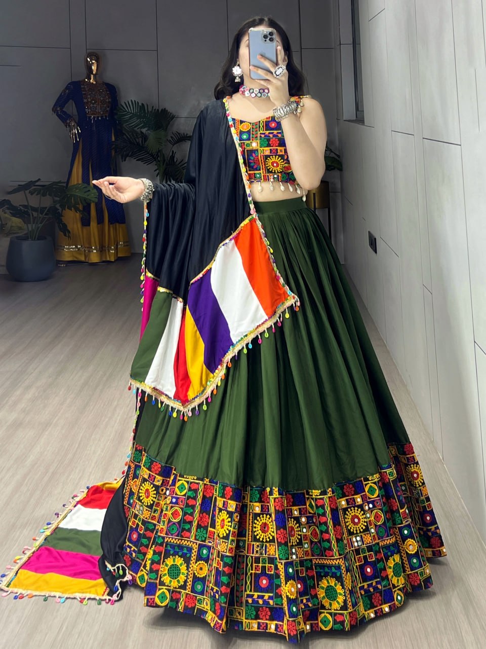 Green Pure Rayon Cotton Plain With Real Mirror Gamthi Work Navratri Lehenga Choli