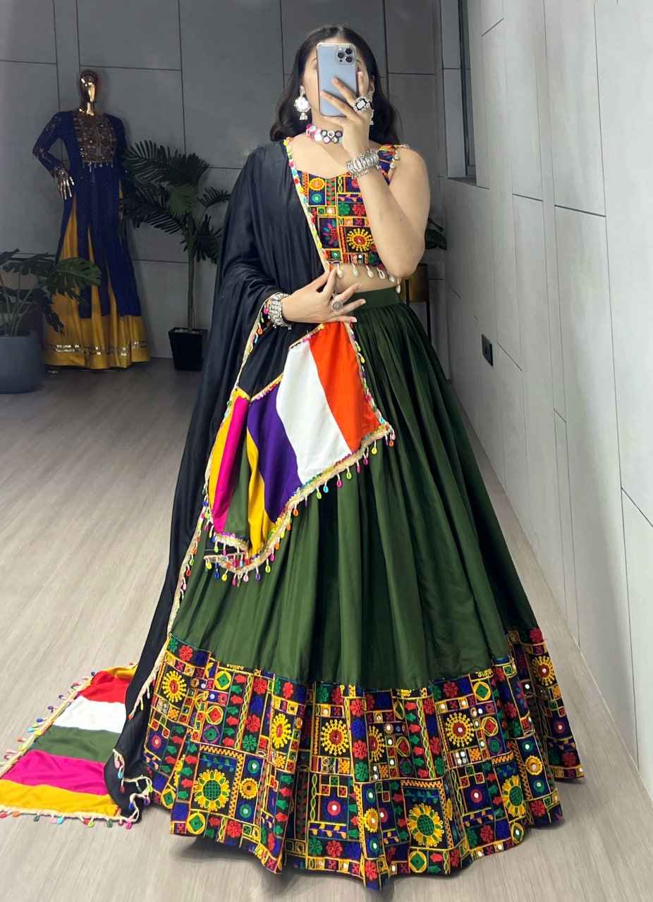 Green Pure Rayon Cotton Plain With Real Mirror Gamthi Work Navratri Lehenga Choli