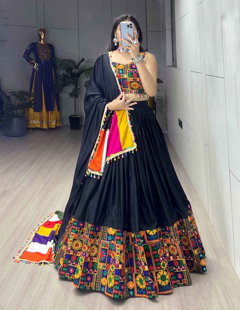 Black Pure Rayon Cotton Plain With Real Mirror Gamthi Work Navratri Lehenga Choli