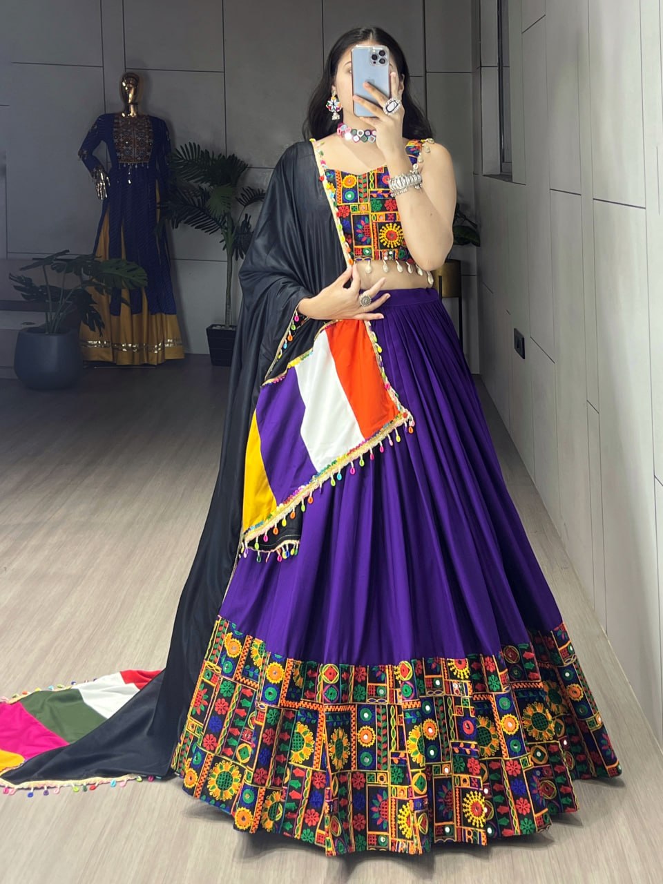 Blue Pure Rayon Cotton Plain With Real Mirror Gamthi Work Navratri Lehenga Choli