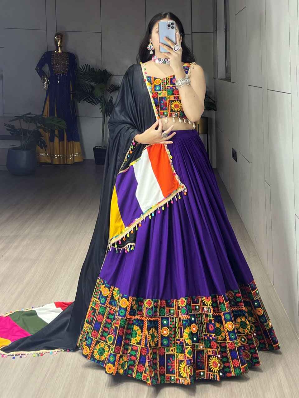 Blue Pure Rayon Cotton Plain With Real Mirror Gamthi Work Navratri Lehenga Choli