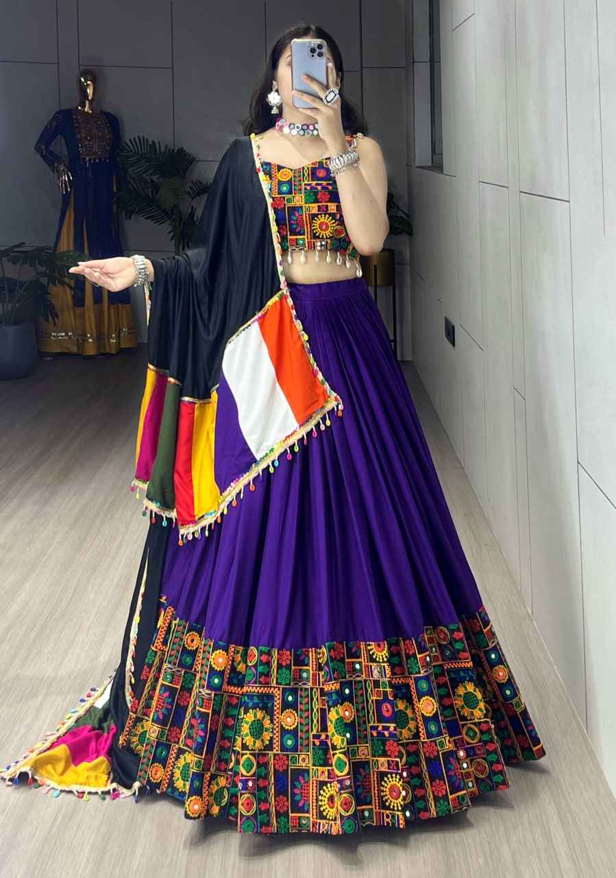 Blue Pure Rayon Cotton Plain With Real Mirror Gamthi Work Navratri Lehenga Choli