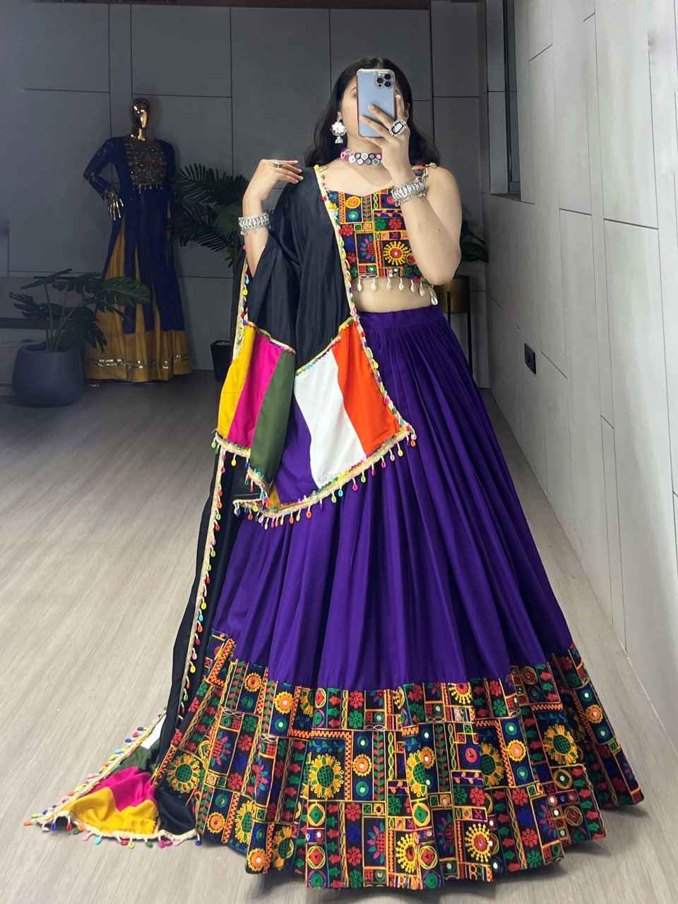 Blue Pure Rayon Cotton Plain With Real Mirror Gamthi Work Navratri Lehenga Choli