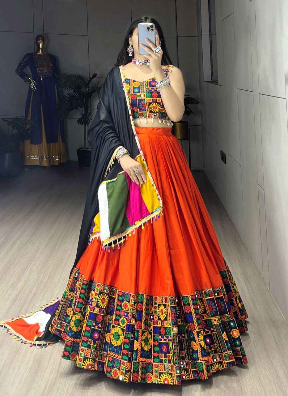 Orange Pure Rayon Cotton Plain With Real Mirror Gamthi Work Navratri Lehenga Choli
