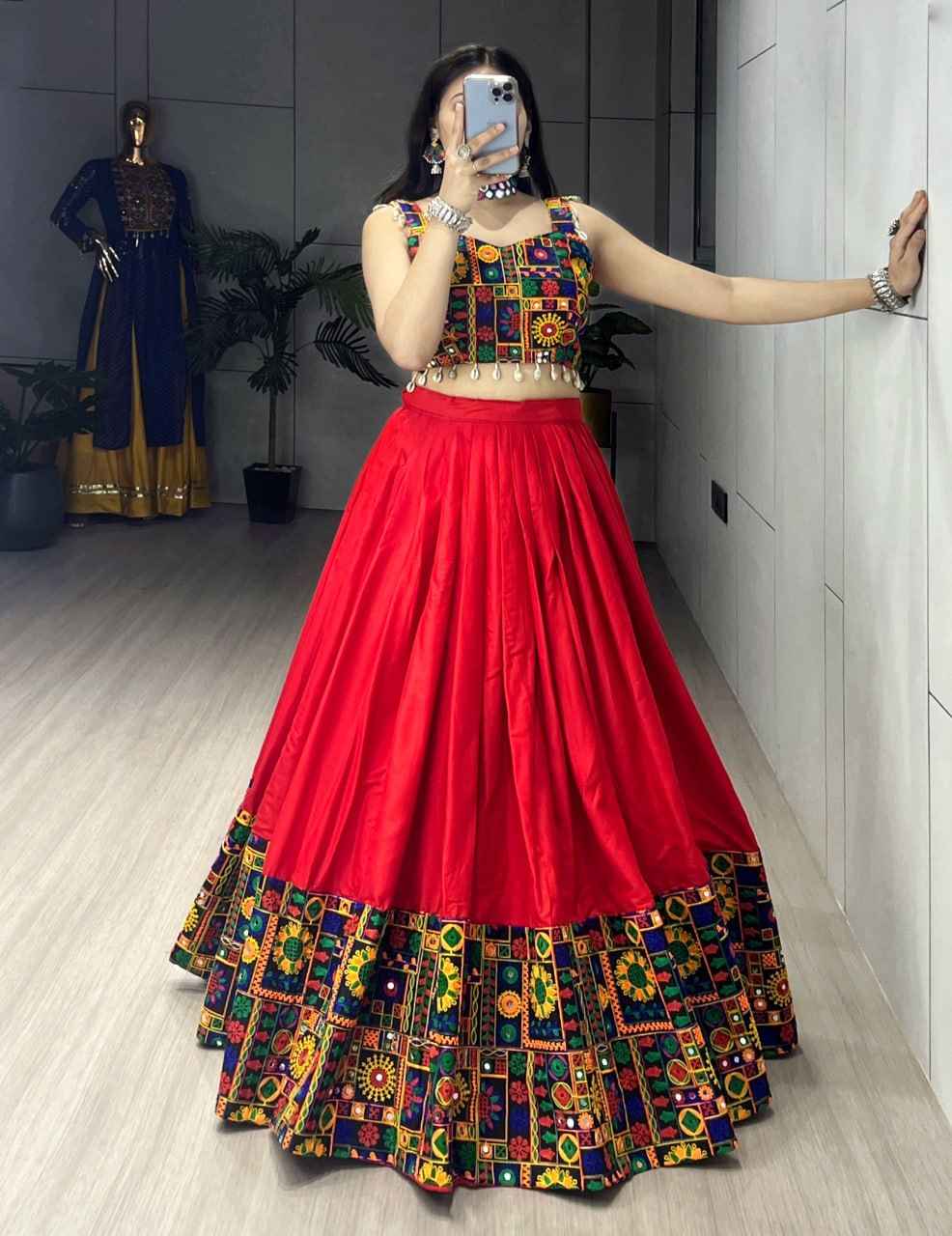 Red Pure Rayon Cotton Plain With Real Mirror Gamthi Work Navratri Lehenga Choli