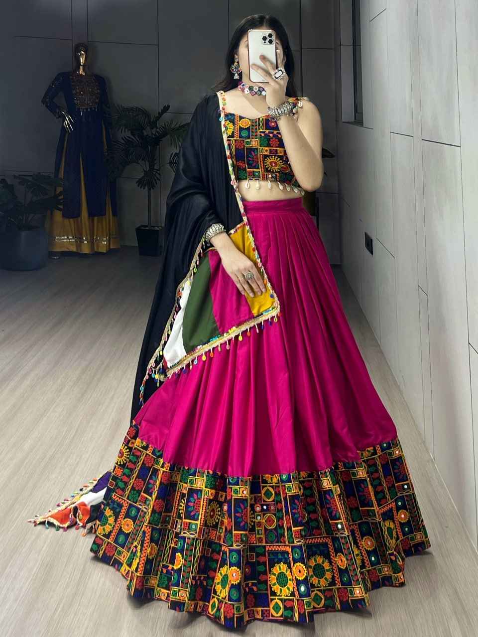 Rani Pure Rayon Cotton Plain With Real Mirror Gamthi Work Navratri Lehenga Choli