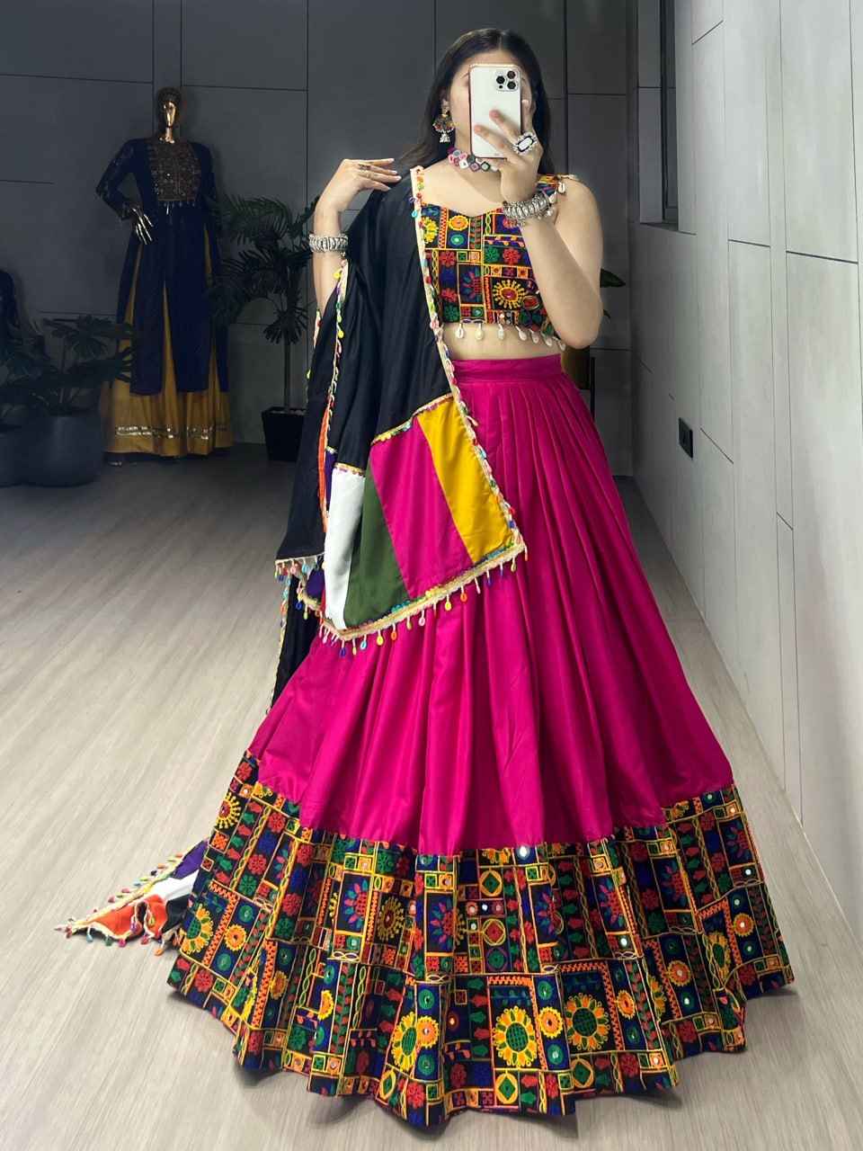 Rani Pure Rayon Cotton Plain With Real Mirror Gamthi Work Navratri Lehenga Choli