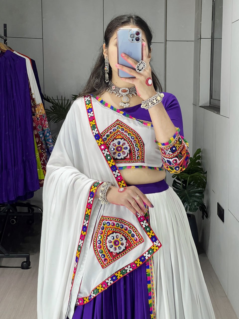 Purple Pure Rayon Cotton Plain With Real Mirror Gamthi Work Navratri Lehenga Choli