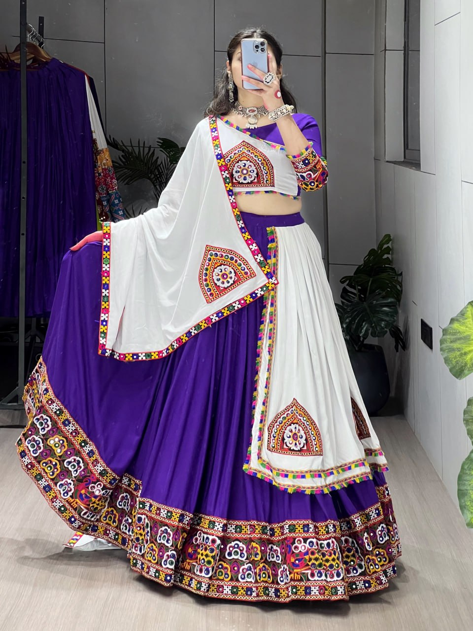 Purple Pure Rayon Cotton Plain With Real Mirror Gamthi Work Navratri Lehenga Choli