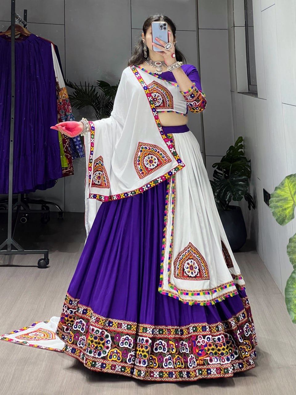 Purple Pure Rayon Cotton Plain With Real Mirror Gamthi Work Navratri Lehenga Choli