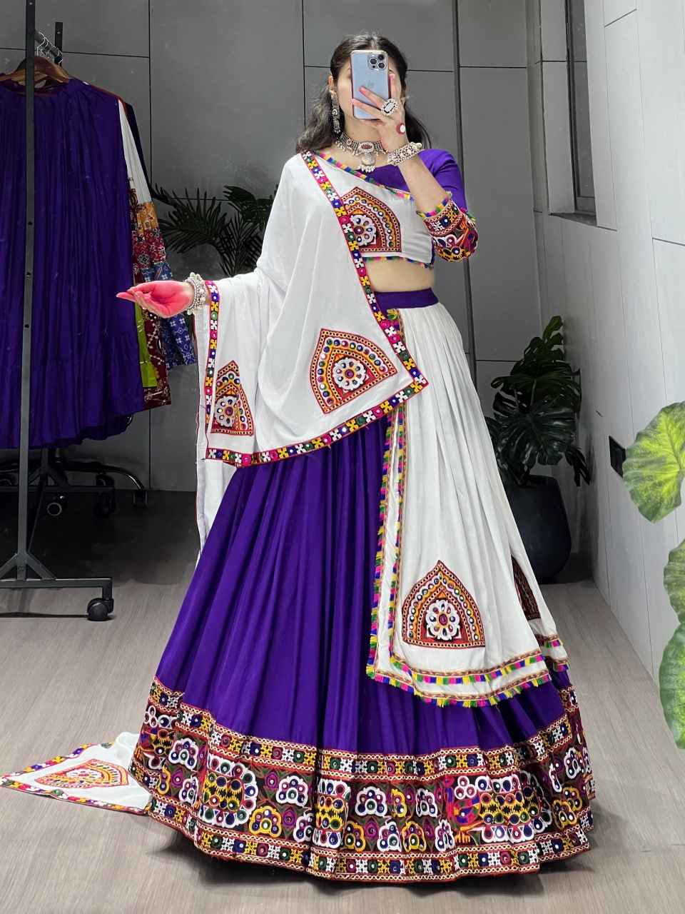 Purple Pure Rayon Cotton Plain With Real Mirror Gamthi Work Navratri Lehenga Choli