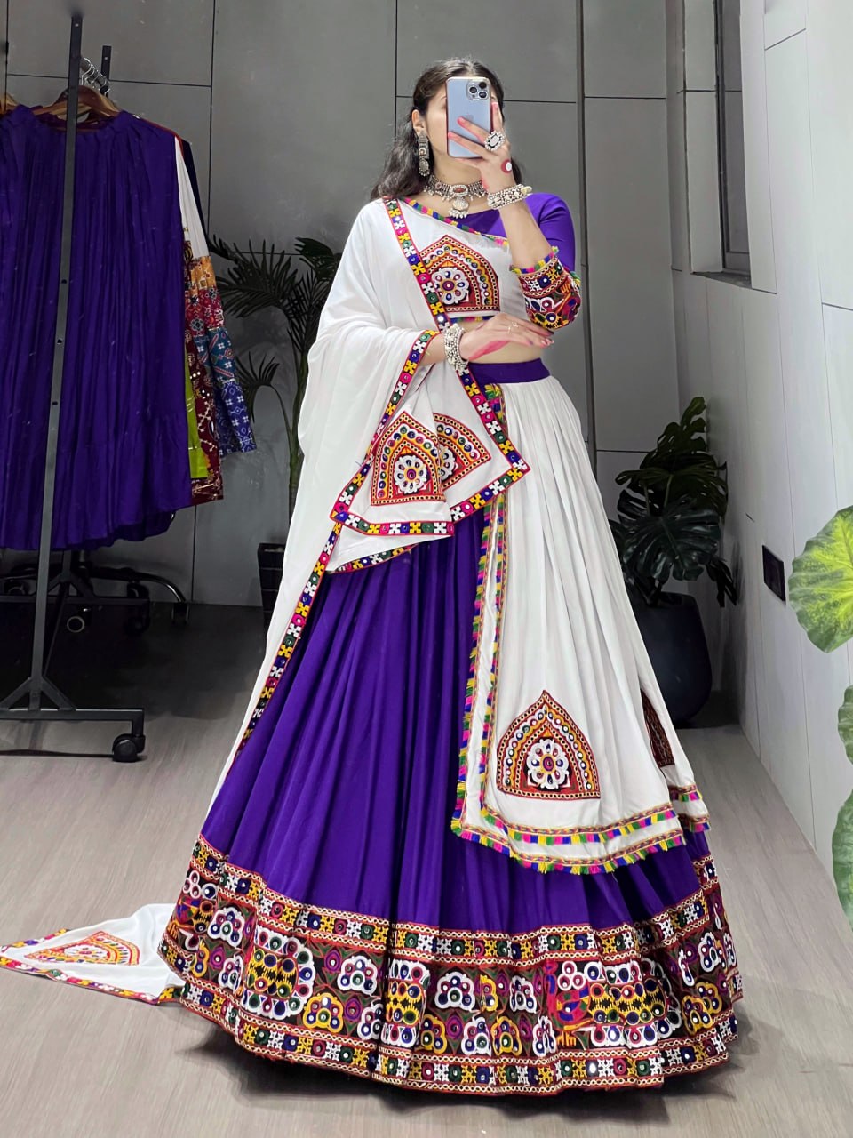 Purple Pure Rayon Cotton Plain With Real Mirror Gamthi Work Navratri Lehenga Choli