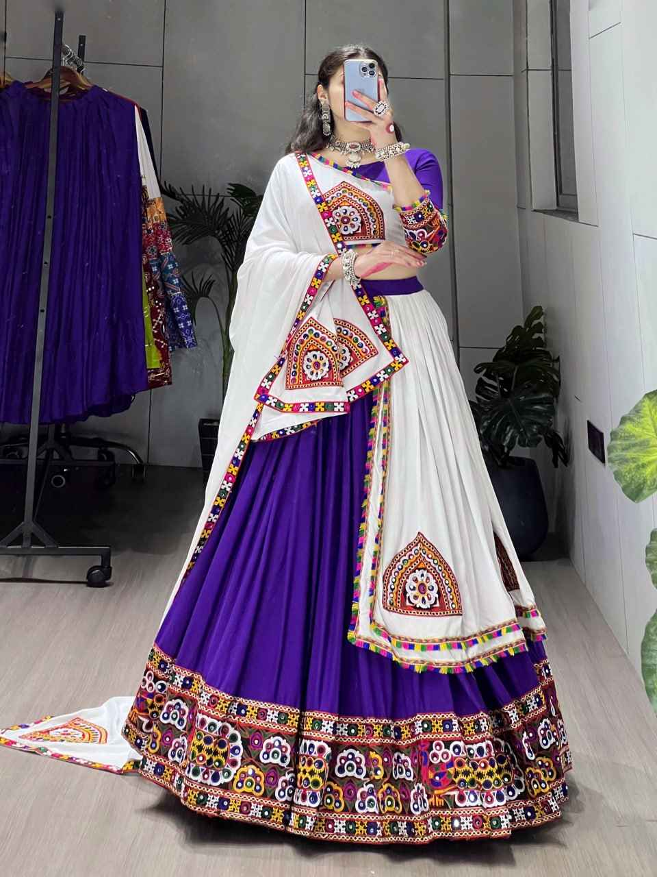 Purple Pure Rayon Cotton Plain With Real Mirror Gamthi Work Navratri Lehenga Choli