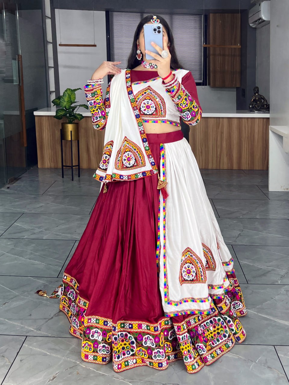 Red Pure Rayon Cotton Plain With Real Mirror Gamthi Work Navratri Lehenga Choli