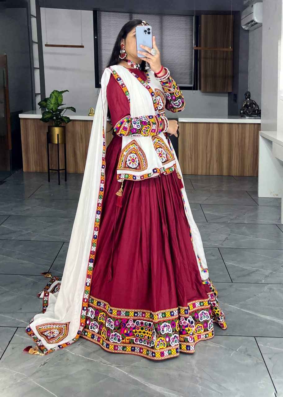 Red Pure Rayon Cotton Plain With Real Mirror Gamthi Work Navratri Lehenga Choli