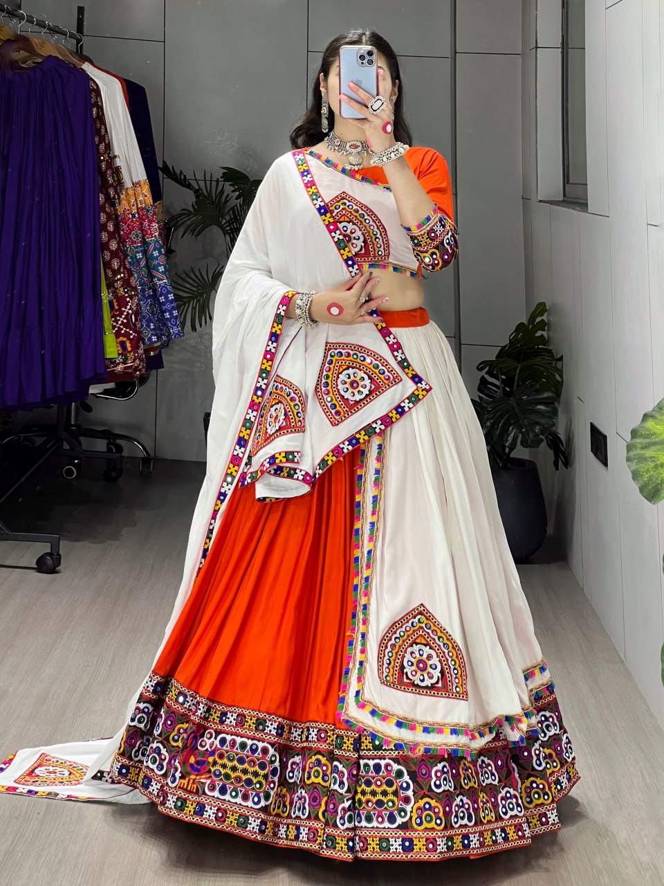 Orange Pure Rayon Cotton Plain With Real Mirror Gamthi Work Navratri Lehenga Choli