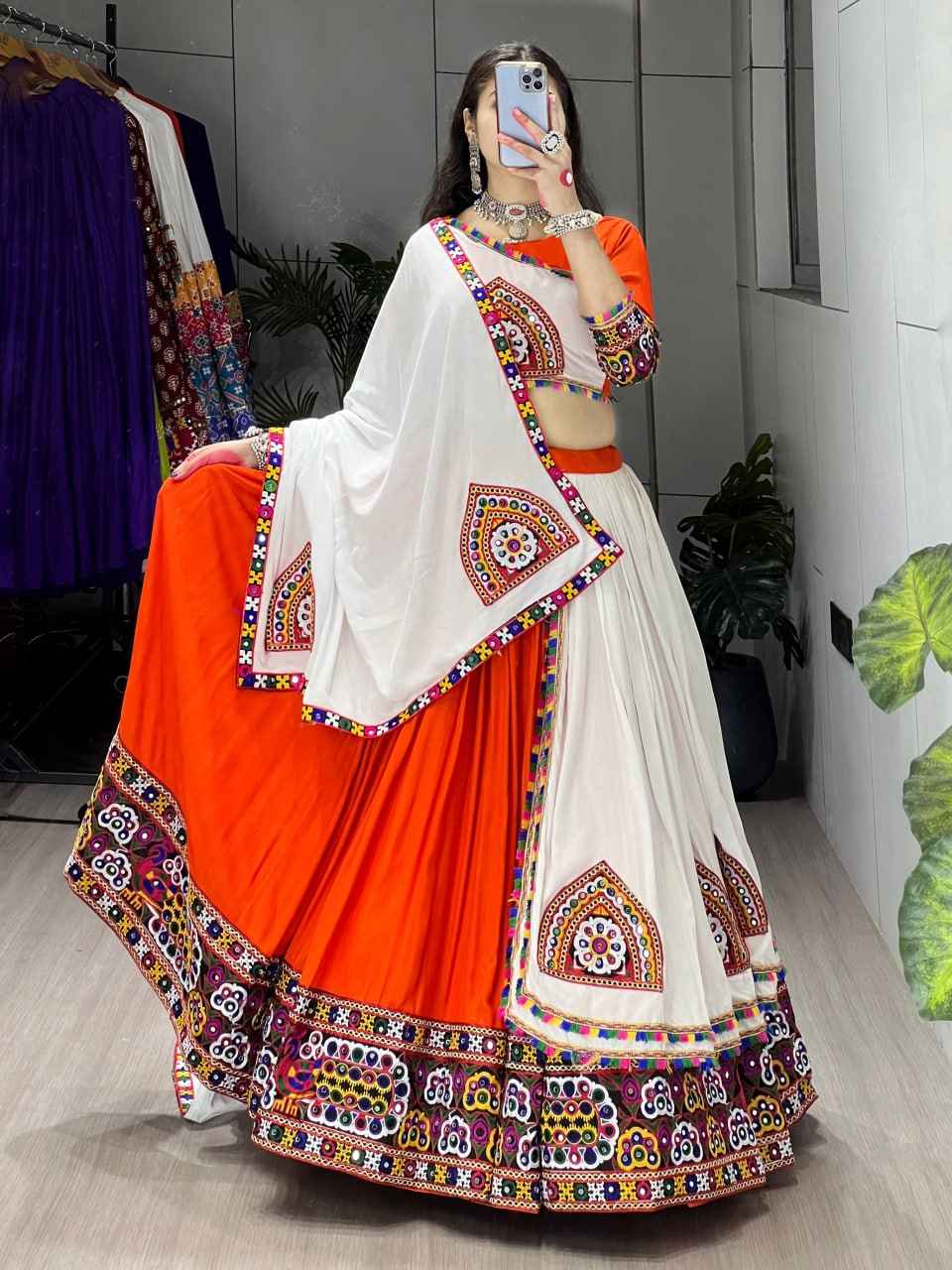 Orange Pure Rayon Cotton Plain With Real Mirror Gamthi Work Navratri Lehenga Choli