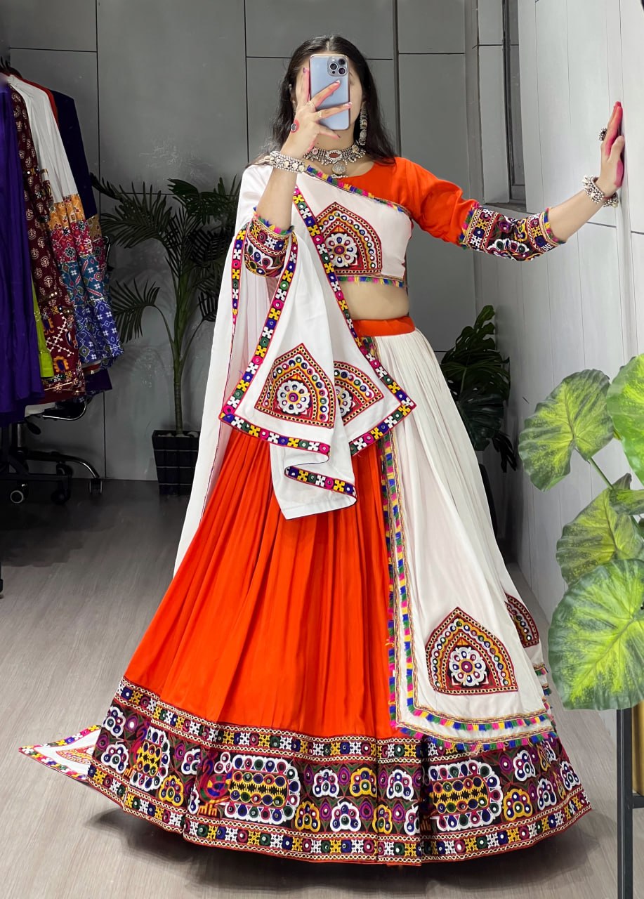 Orange Pure Rayon Cotton Plain With Real Mirror Gamthi Work Navratri Lehenga Choli