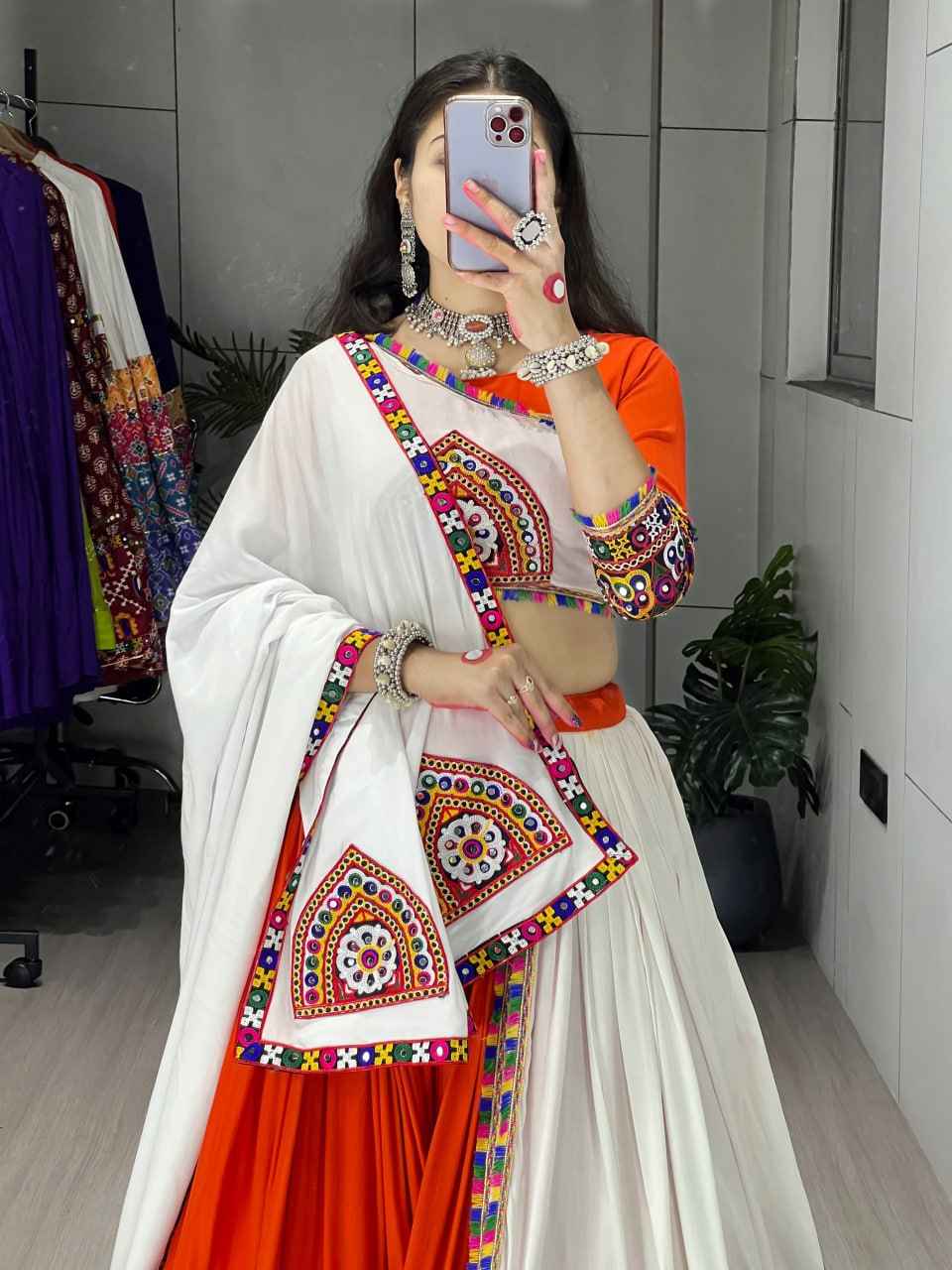 Orange Pure Rayon Cotton Plain With Real Mirror Gamthi Work Navratri Lehenga Choli